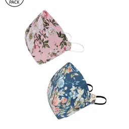 VASTRAMAY Unisex Pack of 2 Pcs Pink & Blue Reusable 4-Ply Cloth Masks With Potli Bag-98