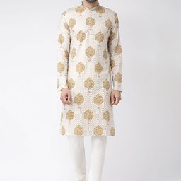KISAH Men Cream-Coloured & Gold-Toned Printed Kurta with Churidar-image-77