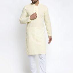Jompers Men Yellow & White Embroidered Kurta with Pyjamas-image-73