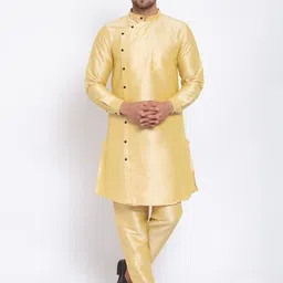 KLOTTHE Men Gold-Toned Solid Angrakha Straight Kurta & Pyjamas-36