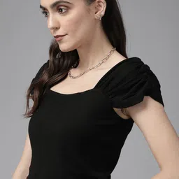Roadster Women Black Ribbed Ruched Top-image-65