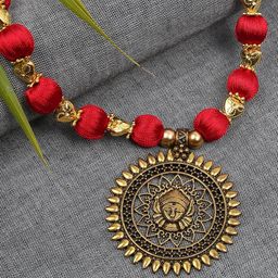 AKSHARA Gold-Toned & Red Handcrafted Long Brass Pendent Necklace-42