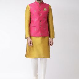 KISAH Men Mustard Solid Kurta with Churidar & Nehru Jacket-picture-16