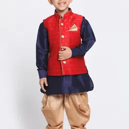 VASTRAMAY Boys Navy Blue & Maroon Solid Kurta with Dhoti Pants & Jacket-image-77