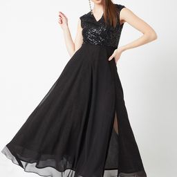 Miss Chase Women Black Sequined Georgette Maxi Dress-picture-23