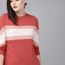 Roadster Women Coral Red  White Colourblocked Round Neck Pure Cotton T-shirt-image-97