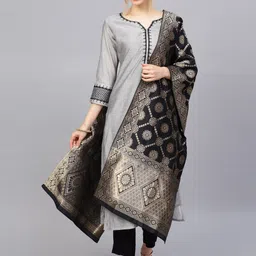 Varanga Women Grey & Black Yoke Design Regular Straight Kurta with Trousers & Dupatta-picture-46