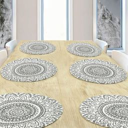BELLA TRUE Set Of 6 White & Grey Floral Printed Pure Cotton Round Table Placemats-45