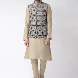 KISAH Men Black & Beige Printed Kurta with Churidar & Nehru Jacket-picture-17