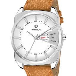 Walrus Men White Brass Printed Dial & Mustard Straps Analogue Watch-011607-12