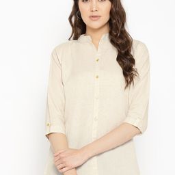 Vastraa Fusion Women Off-White Solid Pure Cotton Shirt Style Top-71