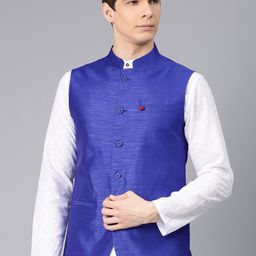 Freehand by The Indian Garage Co Men Blue Solid Nehru Jacket-45