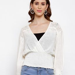 SCOUP White Pure Cotton Smocked Semi-Sheer Cinched Waist Top-image-53