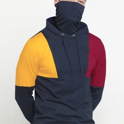 Maniac Men Navy Blue & Yellow Colourblocked Hooded Cotton T-shirt-image-26