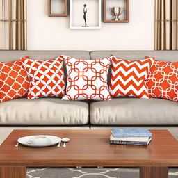 SEJ by Nisha Gupta Orange & White Set of 5 16'' x 16'' Square Cushion Covers-40