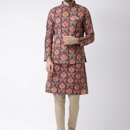 KISAH Men Navy Blue & Beige Printed Kurta with Churidar-image-44