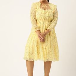 Antheaa Curve Plus Size Yellow Floral Tie-Up Neck Chiffon Midi Dress-image-58