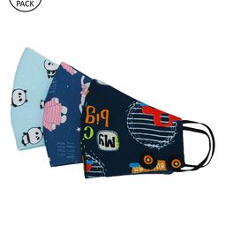 Tossido Kids Blue Pack Of 3 Printed 3-Ply Reusable Cloth Masks-4
