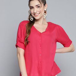 HERE&NOW Women Pink Solid Shirt Style Top-image-41