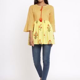 Fabric Fitoor Yellow & Orange Floral Printed Tie-up Neck Bell Sleeves Pure Cotton Peplum Top-image-29