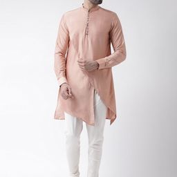 KISAH Men Peach-Coloured & Off-White Solid Kurta with Churidar-17