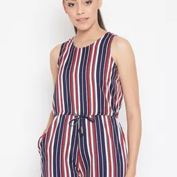 PURYS Women Navy Blue & Red Striped Playsuit-picture-52