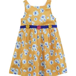 My Little Lambs Girls Mustard Yellow & Turquoise Blue Floral Printed A-Line Dress-image-52
