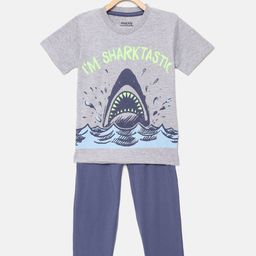 mackly Boys Grey Melange & Green Shark Printed Night suit-28