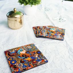 KOLOROBIA Set of 4 Yellow & Blue Peacock Admiration Wooden Square Coasters-image-18