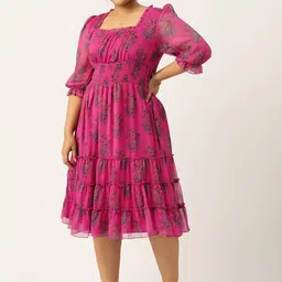 Antheaa Curve Plus Size Ethnic Motifs Smocked Tiered Chiffon Midi Dress-image-2