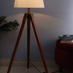 Homesake Brown & Cream-Coloured Wooden Tripod Lamp with Shade-69