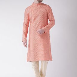 DEYANN Men Orange & Cream-Coloured Woven Design Kurta with Churidar-picture-14