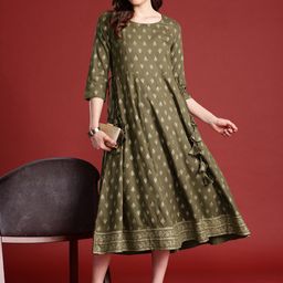Anouk Tie-Up Tassels Detail Foil Print A-Line Midi Ethnic Dress-picture-58