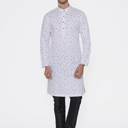 Manyavar Men White & Blue Printed Straight Kurta-image-17