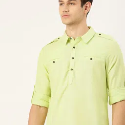 House of Pataudi Men Green & White Striped Kurta-image-99
