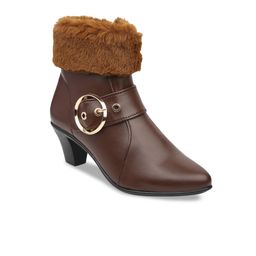 VALIOSAA Women Brown Solid Heeled Boots-image-67