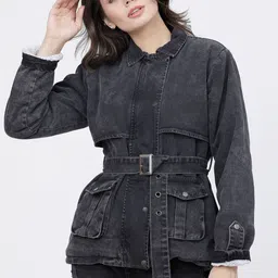 Tokyo Talkies Women Black Solid Denim Jacket with Belt-picture-24