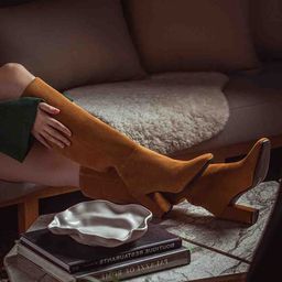 Saint G Women Tan Brown Suede Leather Knee High Slouch Boots-picture-13