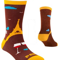 SockSoho Men Brown & Mustard Yellow Eiffel Tower Patterned Above Ankle-Length Socks image 3