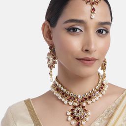 Peora Maroon & White Kundan & Pearl Gold Plated Jewellery Set-image-61