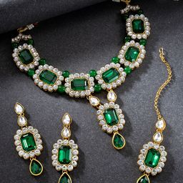 Peora Green & White Gold Plated Handcrafted Studded Jewellery Set-image-5