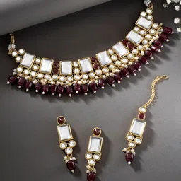 Peora Maroon & Gold-Plated Kundan Embellished Handcrafted Jewellery Set-38