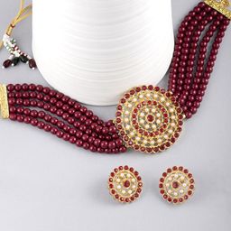 Peora Maroon Gold-Plated Kundan Faux Pearl Studded Choker Necklace Jewellery Set-image-50