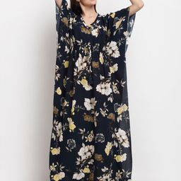 Claura Navy Blue & Beige Floral Printed Maxi kaftan Nightdress-18
