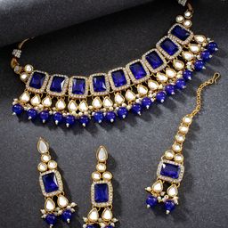 Peora Blue Gold Plated Traditional Kundan Choker Necklace Jewellery Set-17