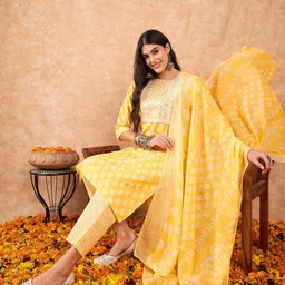 Indo Era Floral Printed Regular Sequinned Pure Cotton Kurta With Trousers & Dupatta-27