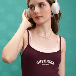 Tokyo Talkies Burgundy Typography Printed Shoulder Strap Crop Top-image-2