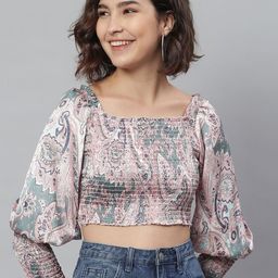 KASSUALLY Pastel Pink Printed Puff Sleeves Smocked Fitted Crop Top-image-22