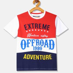 Flying Machine Boys Red & White Colourblocked Round Neck T-shirt with Printed Detail-picture-14