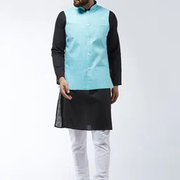 SOJANYA Men Black & Turquoise Blue Solid Kurta And Churidar With Jacket-16